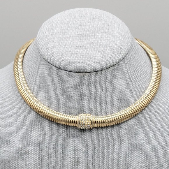 Womens Gold Tone Metal Chunky Omega Choker Necklace Rhinestone Details 15 in - Picture 1 of 7